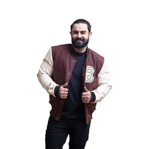 Hotline Miami Brown Varsity Letterman Bomber Jacket for Men - Soft Leather Coats with B Patch, Comfy & Fashionable Menswear for School & Daily Wear