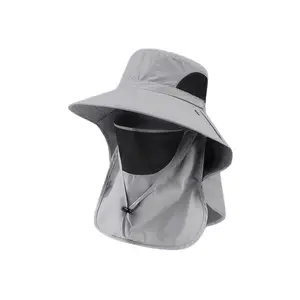 Wide Brim Sun Hat with Face & Neck Flap - Breathable Safari Fishing Cap for Men