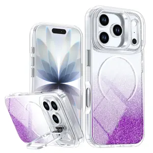 New Glitter Magnetic Phone Case for iPhone 17 Pro Max, Full Protective Shockproof Cover with Hidden Camera Lens and Stand Feature Protector Accessories, Casing, Cellphone