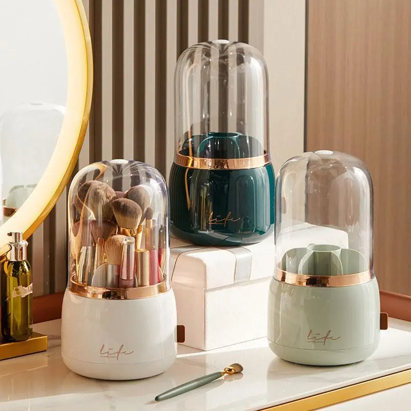 360 Degree Rotatable Makeup Brush Storage Box, Dustproof Makeup Brush Holder, Cosmetic Storage Box, Makeup Organizer for Home Office Bathroom Counter