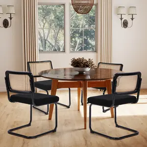 Set of 2 Modern Rattan Dining Chairs, Handwoven Rattan Cane Back,  Chrome Base, Upholstered Boucle Seat, for Dining Room , Kitchen Versatile Home Furniture