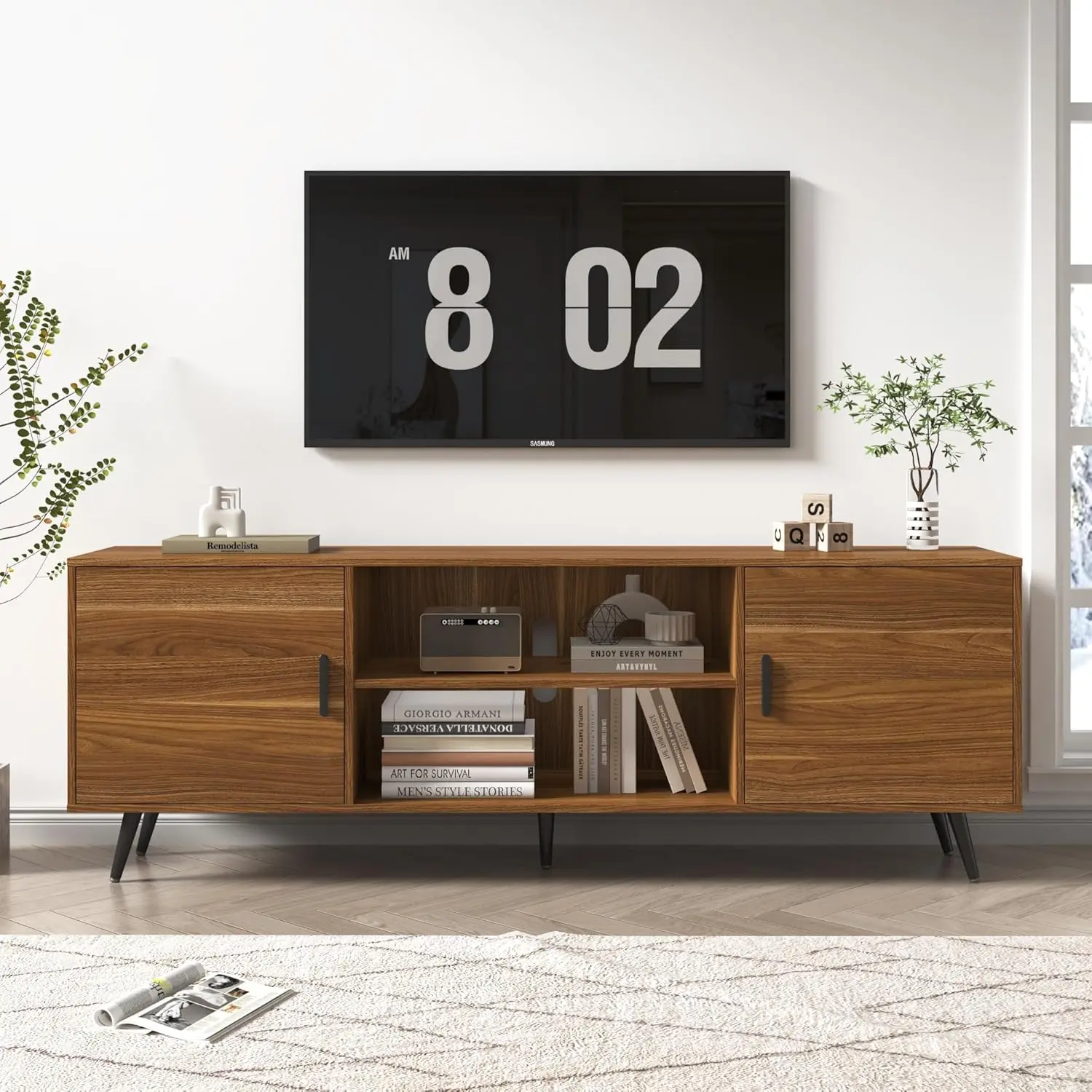 70 Inch/80 Inch Mid Century Modern TV Stand for 75 Inch TV, Wood TV Stand with Storage, Entertainment Center for Living Room Bedroom, TV Media Console, Walnut