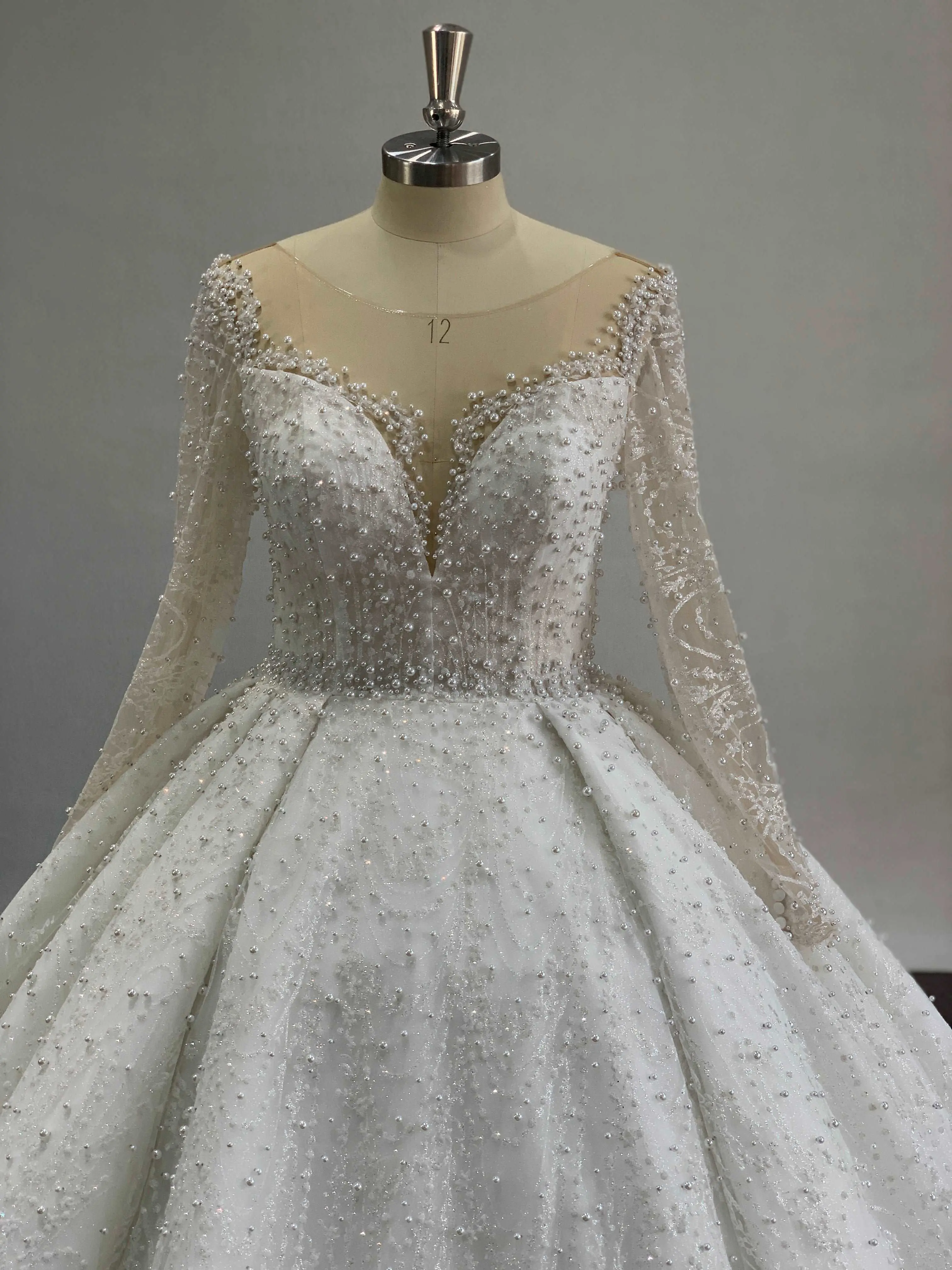 Plus Size Women's Gorgeous Ball Gown with Long Sleeves in Beaded Shimmer Satin and Pleated Glitter Tulle with a Back Lace-Up