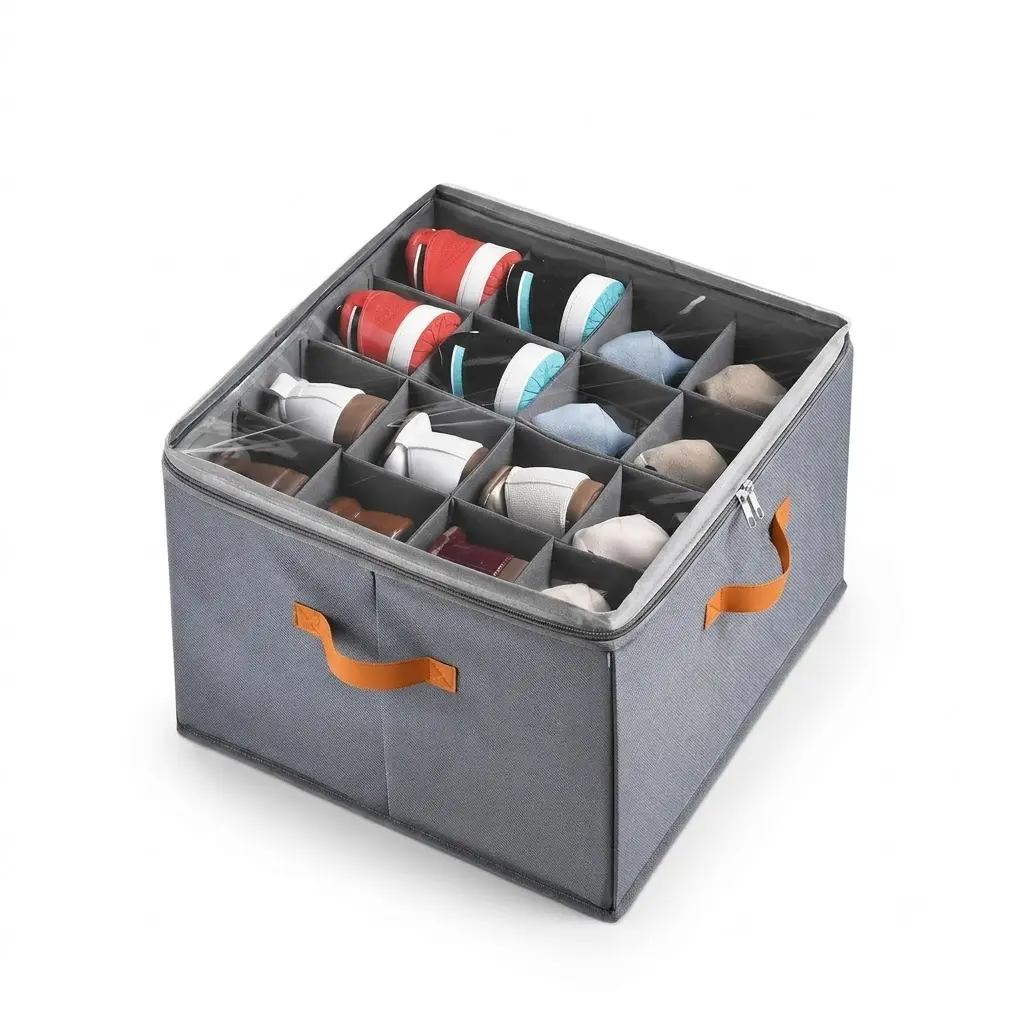 16-Grid Foldable Fabric Shoe Organizer Storage Box with Transparent Lid, Zipper Top, Handles, 17x17x12" Closet Underbed Organizer (Grey)