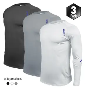 Men's 3-Pack Solid Round Neck Long Sleeve Sport Tee, Quick Drying Breathable Athletic T-shirt for Workout Running, Casual Sportswear for Men, Gym Sweatwear, Fall Outfits, Sports Apparel, Sports Streetwear, Cool Dry Compression Workout Shirt
