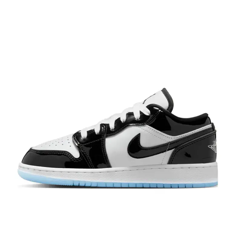 NIKE Air Jordan 1 Low SE Concord, Youth/Women's Low Top Sneakers in Glossy Patent Leather with Cushioned Midsole & Translucent Icy Outsole, Casual, Glossy Black Patent Overlays, Trendy Trainers
