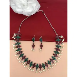 Red Green Stone Oxidized Short Necklace