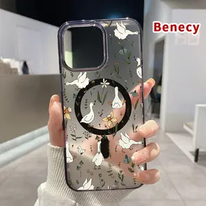Magnetic Phone Case for iPhone 15 16 14 Pro Max 13 12 11 XR XS Plus E Goose and Flower Dream Pattern Shockproof Soft Silicone Transparent Protective Cover Supports Wireless Charging