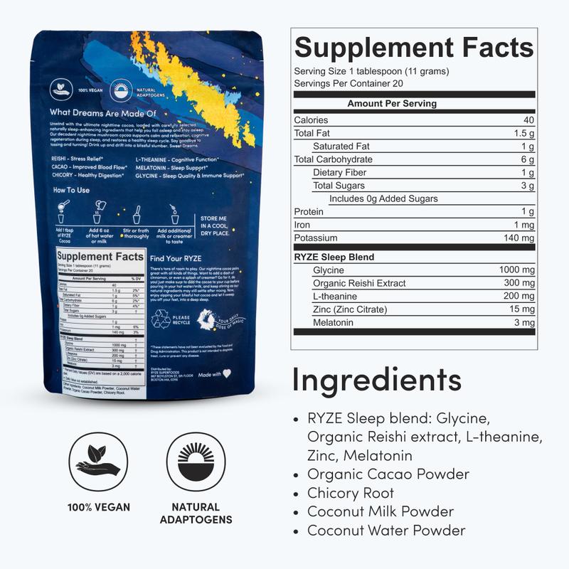 RYZE Mushroom Hot Cocoa Melatonin Sleep Supplement, Keto Cocoa Powder With Reishi Mushroom, Melatonin, Glycine, Cacao, L-Theanine, Chicory to Help Fall Asleep and Stay Asleep, 20 servings