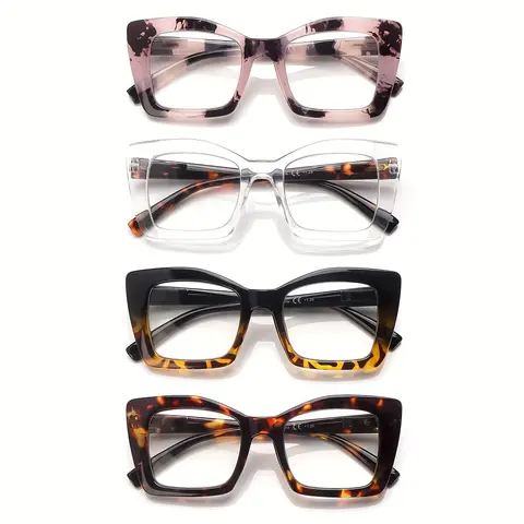 Women's 4-Pack High Quality Reading Glasses - Full-Rim Blue Light Blocking Eye Glasses, Anti-Glare Stylish Oversized Plastic Frames, Spring Hinges, Visual Care (Includes Dust-Safe Bag, Suitable for Couple, Family)