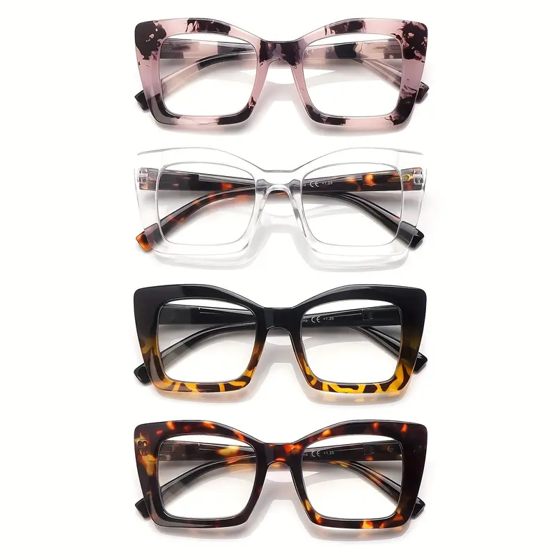 Women's 4-Pack High Quality Reading Glasses - Full-Rim Blue Light Blocking Eye Glasses, Anti-Glare Stylish Oversized Plastic Frames, Spring Hinges, Visual Care (Includes Dust-Safe Bag, Suitable for Couple, Family)