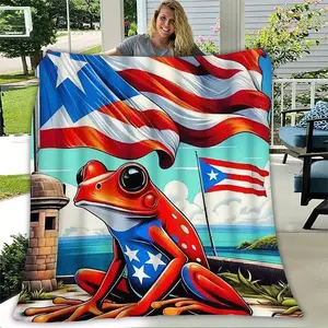 1 Piece Puerto Rico Flag Frog Figure Print Flannel Blanket - Ultra Soft, Non-Shedding, Machine Washable, 3 Sizes (40x50in, 50x60in, 60x80in) Decorative Giftable Blankets for Home, Camping - All-Season Use, Durable, Figure Print Blanket