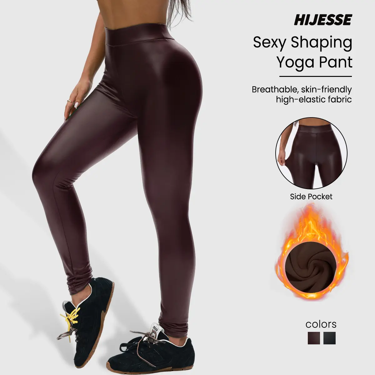 Hijesse Women's Solid Black PU Leather Tummy Control Leggings High Waist Skinny Pants for Yoga Gym Workout Running Casual Sporty Comfy Bottoms for Fall Winter