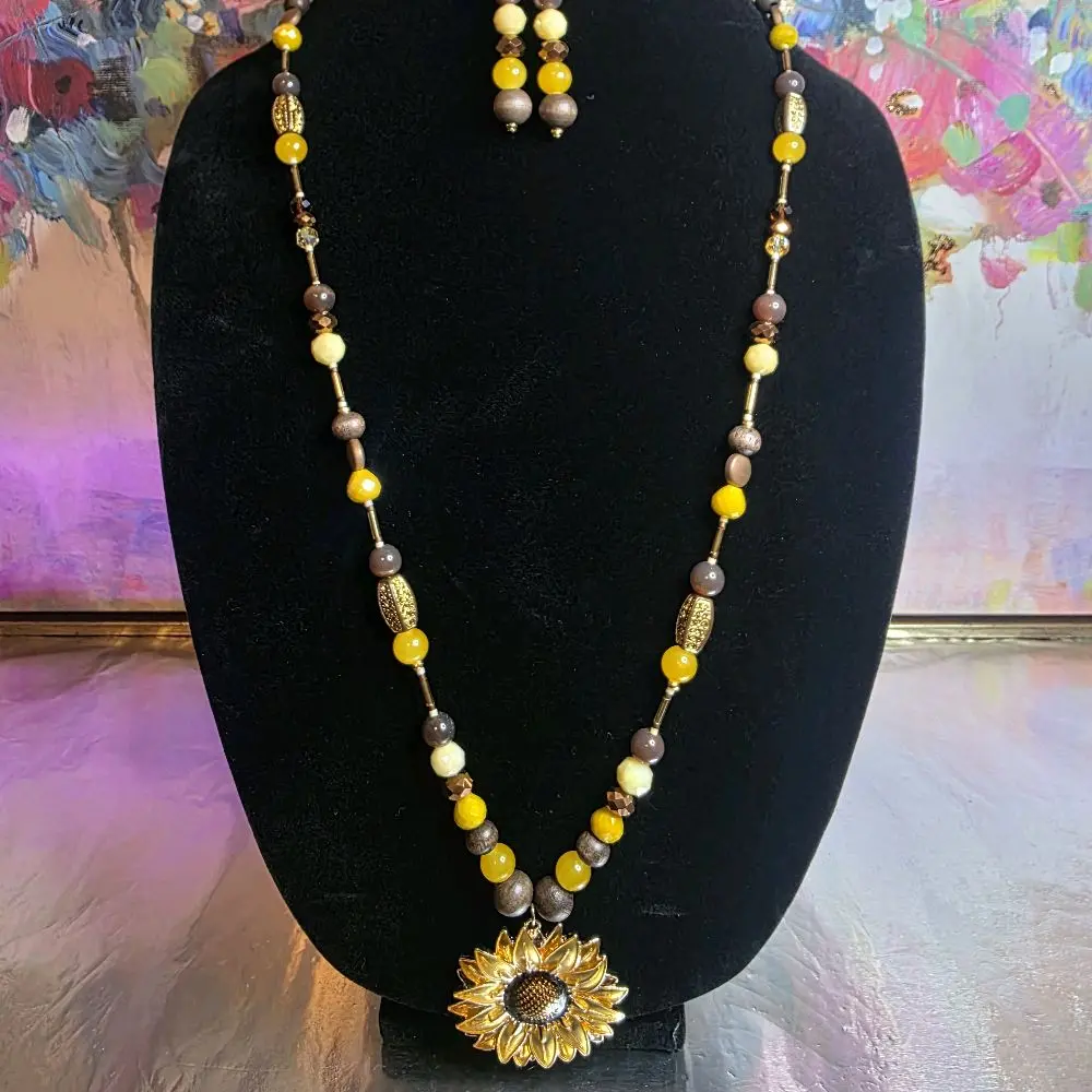 Gabriela Haller HigherKii Artique Sunflower Jewelry Set with Flower Pendant and Beaded Necklace Set