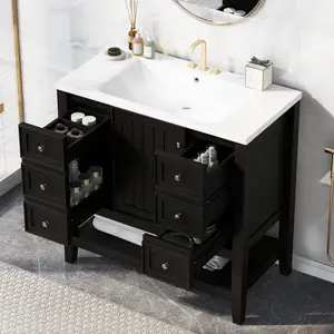 36" Bathroom Vanity with Sink Combo, One Cabinet and Three Drawers, Solid Wood and MDF Board, Black (Old Sku:SY 999505 AAB)