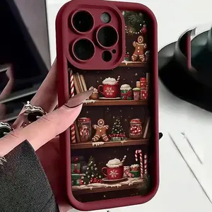 Christmas Shelf Design Phone Case with Burgundy Frame, Gingerbread for Man & Hot Cocoa Print, Full-Body Shockproof Protective Case for iPhone 17 Air16 14 15 Pro Max Plus 11 12 13, High-Quality Transparent TPU Cover, Gift