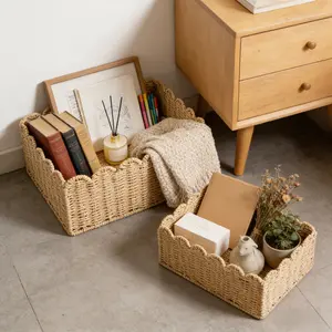 Minimalist Handmade Paper Rope Storage Basket, Natural Texture, Handwoven Quality, Versatile Decorative Basket for Living Room Bookshelf Vanity Table