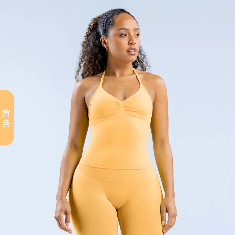 DFYNE Women's Seamless Halter Yoga Tank Tops With Removable Padded Bra High Waistless Back Design For Women's Workout Gym Fitness Activewear
