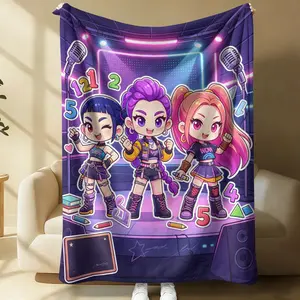 K-Pop Q Version Girl Group Print Flannel Blanket, Neon Stage Style Office Nap Throw Travel Camping Cover Blanket, Comfortable Soft Thick Sofa Bed Tail Decorative Blanket, All Seasons, Fan Gift Choice