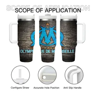 1pc 40oz Stainless Steel Insulated Cup, Olympique De Marseille Theme, Leakproof, Portable Handle, Hand Wash Only, Ideal Gift for Family & Friends