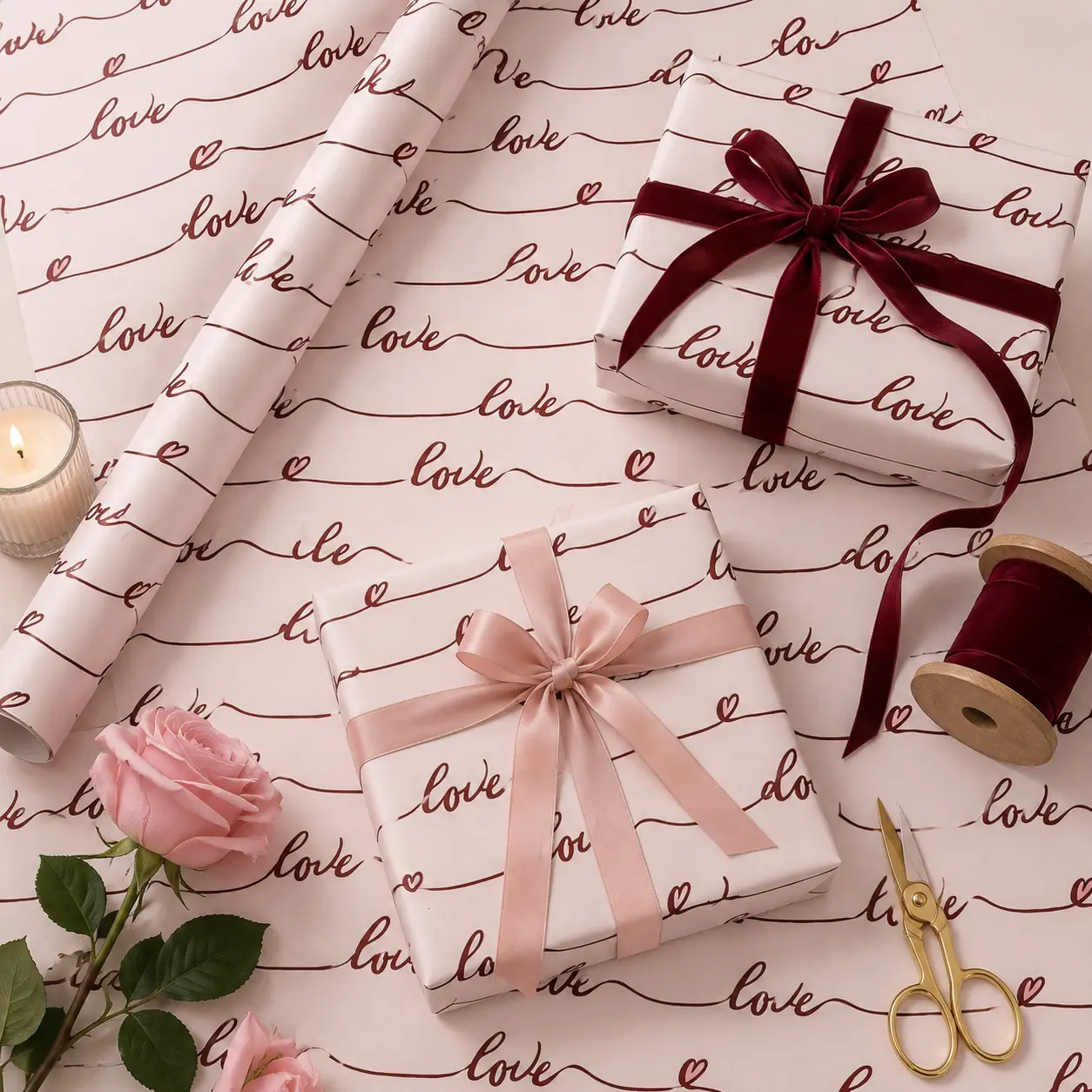 Red Cursive Love Calligraphy Gift Wrapping Paper Sheet - Romantic Handwritten Heart Pattern Wrap for Valentines Day Anniversary Wedding