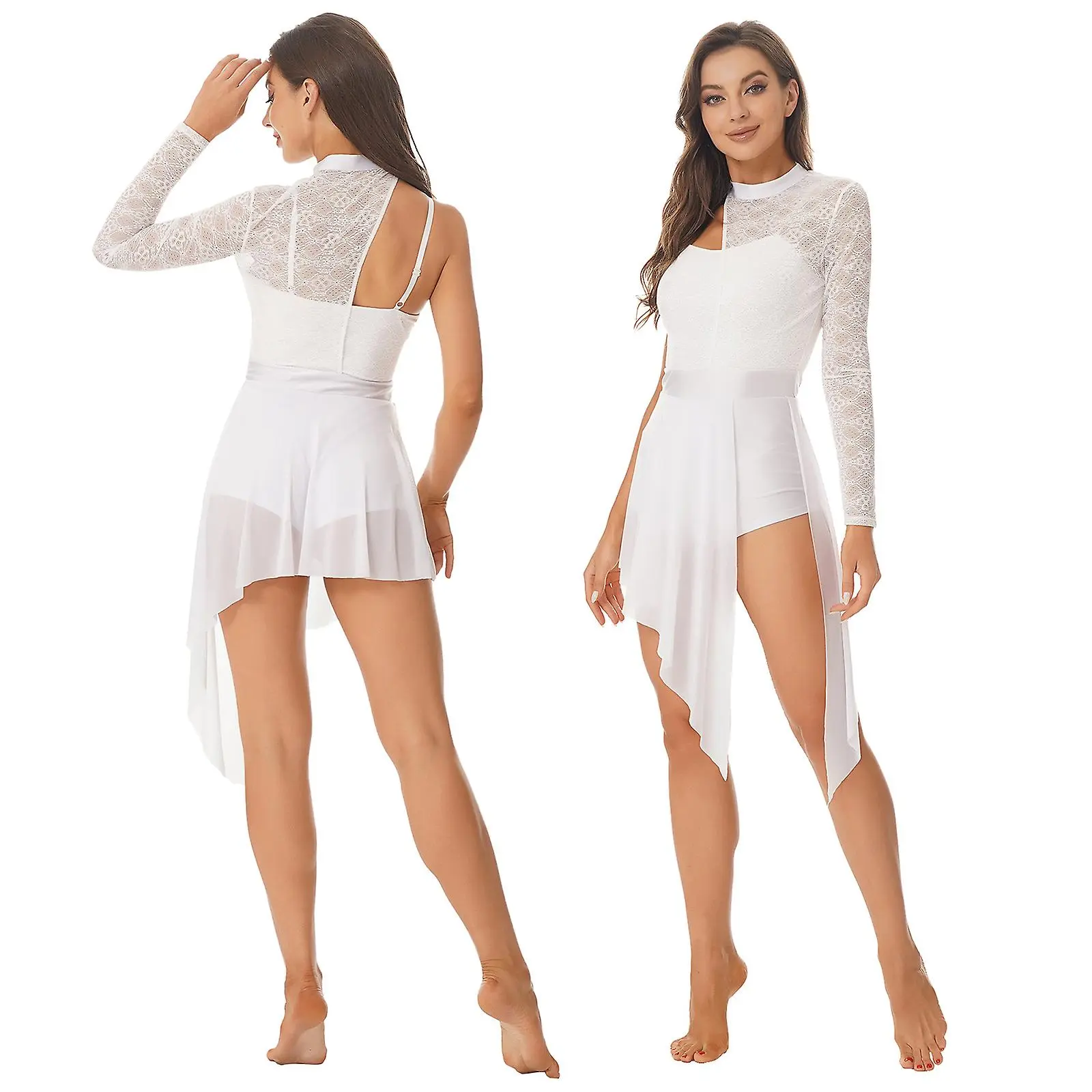 Womens Lace Patchwork Ballet Lyrical Dance Dress Gymnatics Leotard Figure Skating Dress Split See-through Mesh Dance Dresses