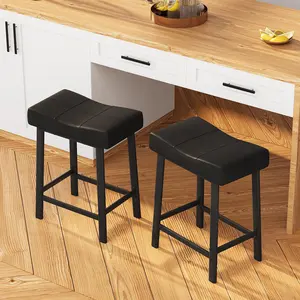 Modern Saddle Bar Stools Set - 24-Inch PU Leather,White Metal Legs and Footrest - Easy Assembly for Kitchen Island, Dining Counter,Black