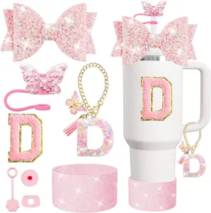 8PCS Stanley Cup Accessories Set for Stanley Cup 30oz 40oz Tumbler with Handle,Including Straw Topper Cover Cap and Boot,Spill Proof Stopper,Handle Charm,Initials Sticker (Pink D)