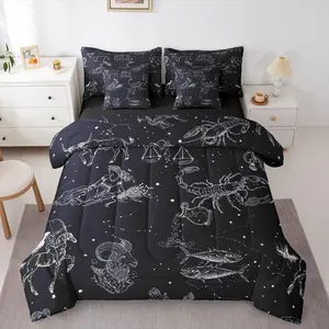 Constellation 7 Piece Bedding Set,Starry Sky Bed in A Bag Zodiac Signs Print Comforter with Sheets Navy Blue Bed Sets