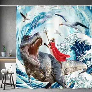 Fun cool cat riding dinosaur shower curtain, boy bathroom decoration, waterproof, wear-resistant, easy to clean, machine washable, multiple sizes to choose from, perfect for bathroom decoration, partitions, beautification of space, shower curtain hooks.