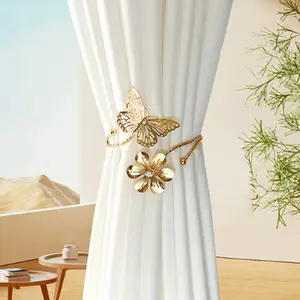 Butterfly & Flower Design Curtain Tieback, 2 Counts Modern Metal Curtain Tieback, Adjustable Curtain Buckle for Home Living Room Bedroom Office Decor, Interior Decoration Accessories