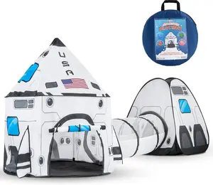 White Rocket Ship Pop up Play Tent with Tunnel and Playhouse Indoor Outdoor Spaceship Tent Set, Christmas Gifts for Kids Outdoor Play Toy Boys Valentine's Day Gifts for Kids