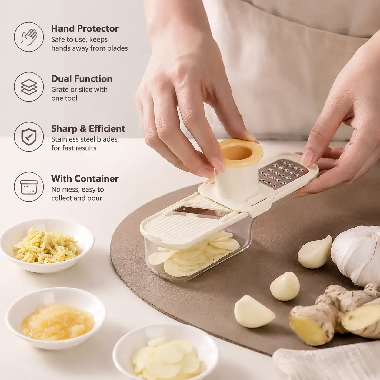 3-in-1 Multifunctional Food Grater with Safety Hand Guard, Vegetable Slicer Shredder & Ginger Garlic Grinder, Kitchen Prep Tool