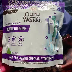 GuruNanda 6-in-1 Ready-to-Go Pre-Pasted Butter on Gums Mini Travel Toothbrush with Floss & Toothpick, No Rinsing Needed, Individually Wrapped & TSA Friendly, 21 Ct