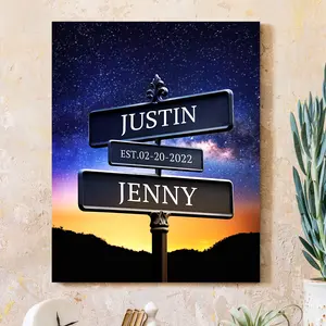Crossroads Sign Couple's Name and Date on Street Sign Starry Night Canvas Prints Love Gift for Anniversary,Wedding,Birthday and Holidays
