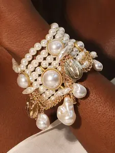 Luxury Baroque Pearl Open Bracelet, Multi-Layer Pearl Chain Design, Wide Band, Hypoallergenic, Non-Fading, European Style Jewelry