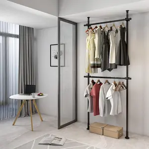 Floor to Ceiling Clothing Rack, 2 Tier Adjustable Heavy Duty Garment Rack, Metal Clothes Racks Closet with Tension Rod Free Standing, Black Laundry