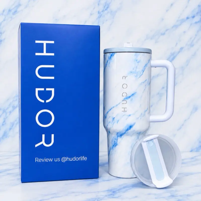 HUDOR 40oz Stainless Insulated Travel Tumbler with Handle, 2 Interchangeable Lids - Leakproof Vacuum Flask for Hot & Cold Drinks
