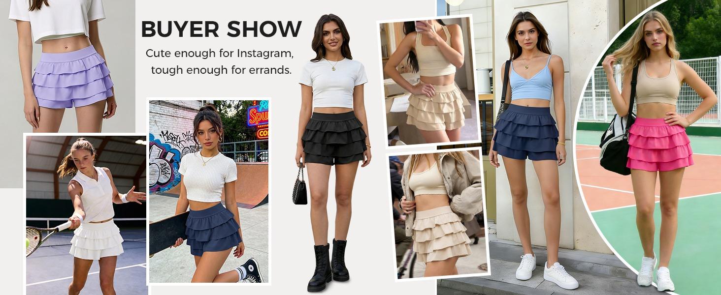 Fisoew Womens Summer Mini Skirts Casual Ruffle Tiered High Waisted Y2K Skorts Yoga Tennis Skirt Built-in Shorts & Pockets