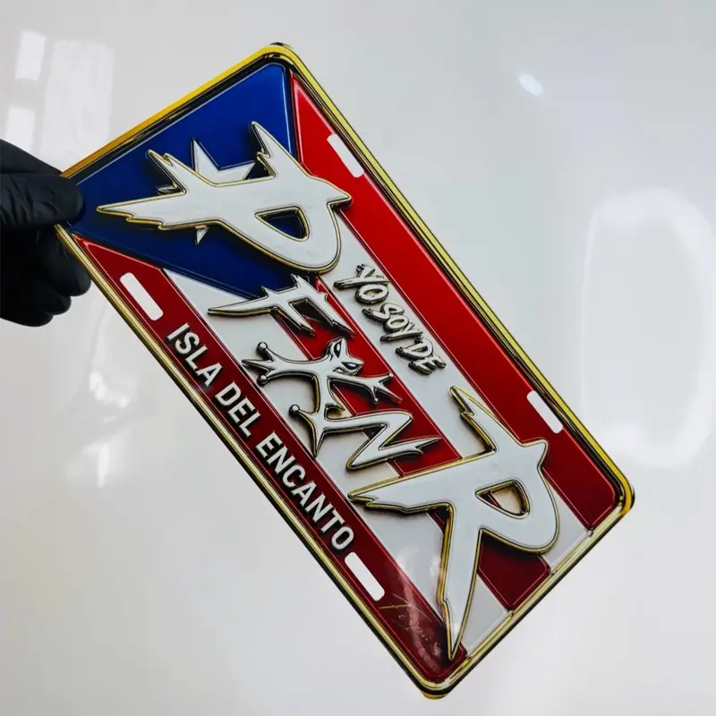 Custom Puerto Rican Metallic Front License Plate - 12x6 in, Personalized Relief Detail, Glow Gold Edges, Car Exterior Decoration, Auto Accessory Fits Cars for a Standout Front Look, 6×12 Inches, Pr Flag Style