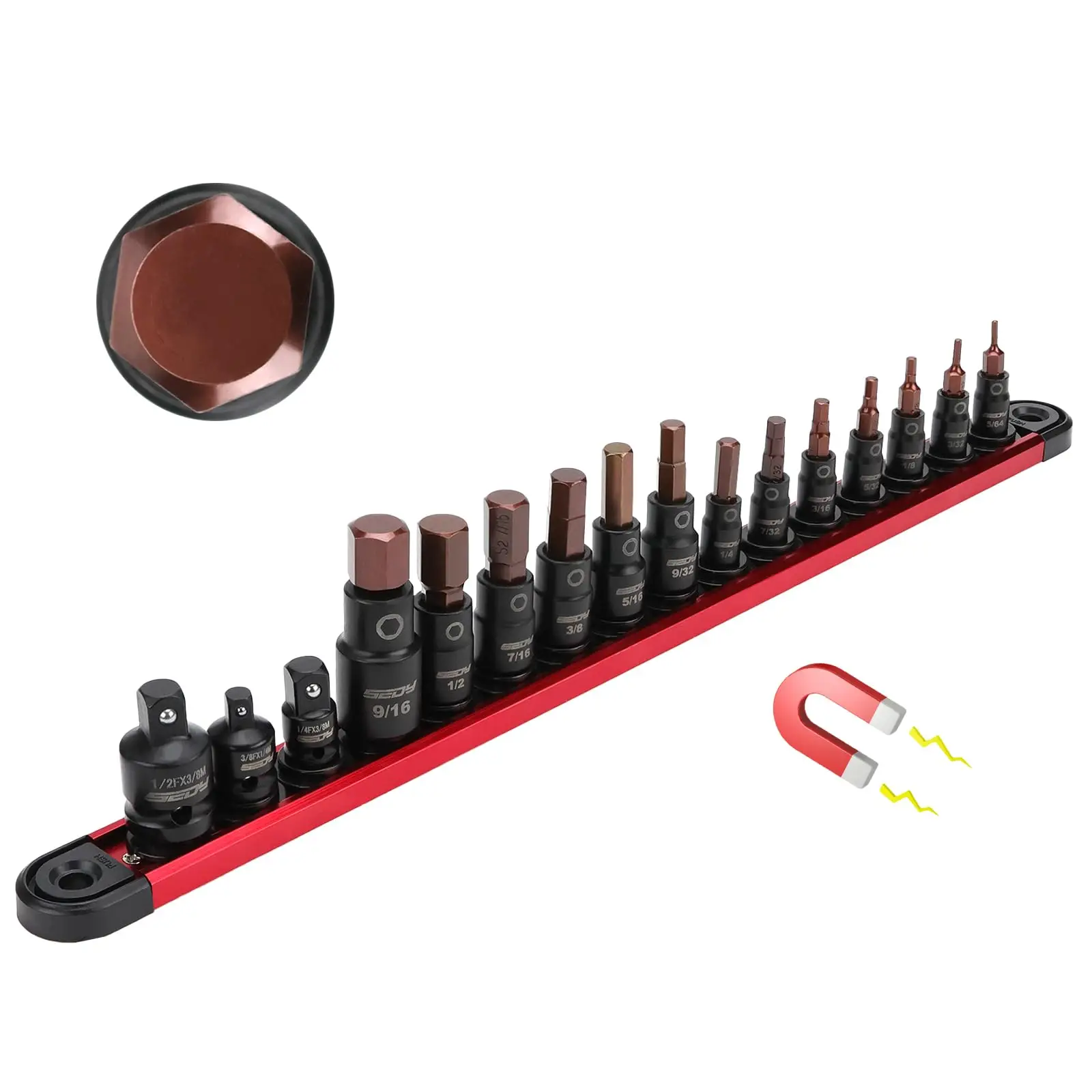 Allen-Wrench Hex Bit Socket Set: 16-Piece Hex Socket Set with Magnetic Socket Rail Organizer 1/4, 3/8, 1/2-Inch Drive 5/64-9/16 Hex Key Socket Set wit