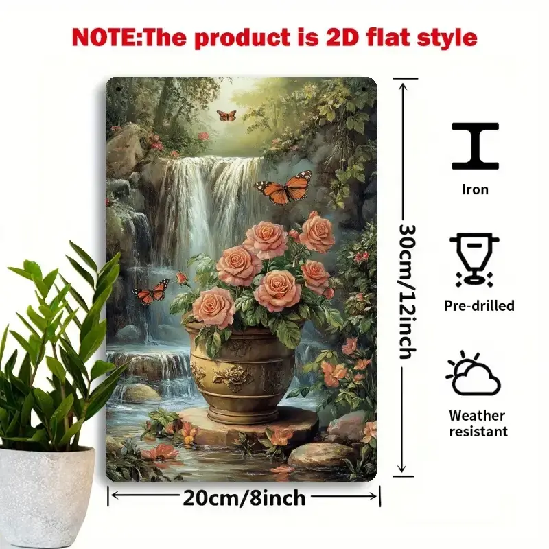 8x12 in Artistic Metal Wall Print - Vintage Flat Artwork with Peach Rose & Waterfall Scene, Metal Surface Iron Decor Sign for Living Room, Bedroom Home Decor Inspo