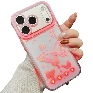 Cute Clear LED Flash Butterfly Pattern Phone Case for iPhone 17 Pro Max/17 Air 17 16 Pro 15 plus 14 13,Soft TPU Full Camera Lens Shockproof Protective Phone Cover