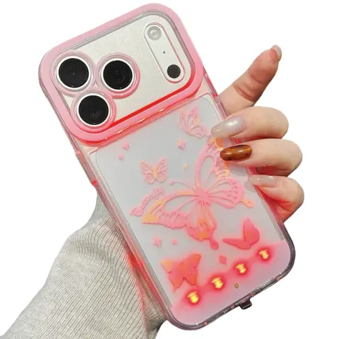 Cute Clear LED Flash Butterfly Pattern Phone Case for iPhone 17 Pro Max/17 Air 17 16 Pro 15 plus 14 13,Soft TPU Full Camera Lens Shockproof Protective Phone Cover