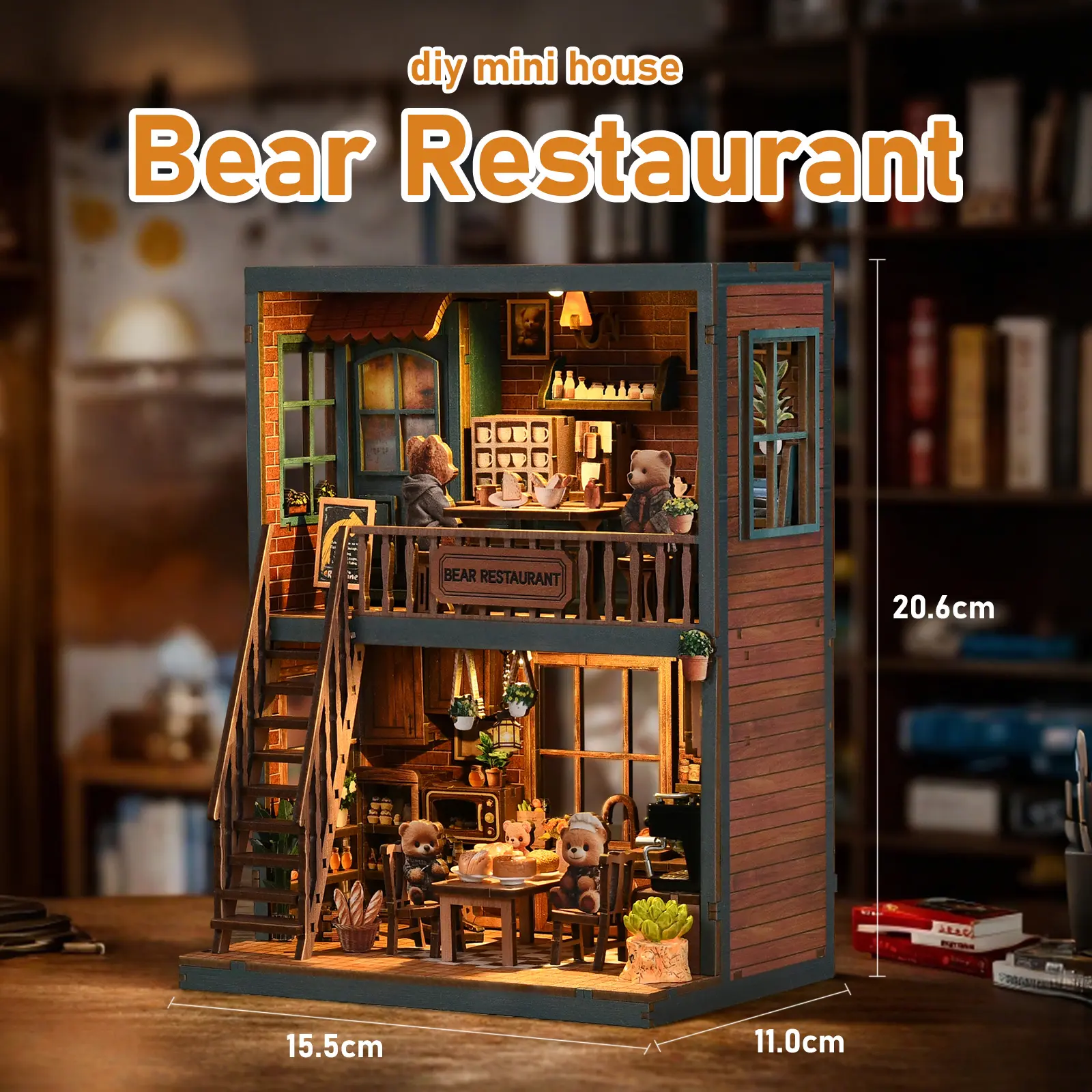 Bear Restaurant LED Book Nook Kit - 2-Story Miniature Dining Scene, Handcrafted Bookshelf Insert with Cute Bear Figurines, Premium Home Decor Ornament, Adult Artistic Gift