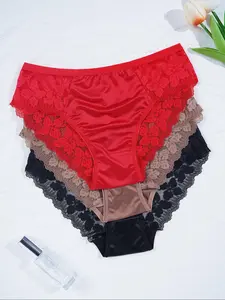 3/5/6-pack high-elastic satin lace triangle panties for women, multi-colored floral lace patchwork, smooth and skin-friendly, French-style light luxury everyday underwear, all sizes available for comfortable and non-restrictive wear, Trim Lace Panty