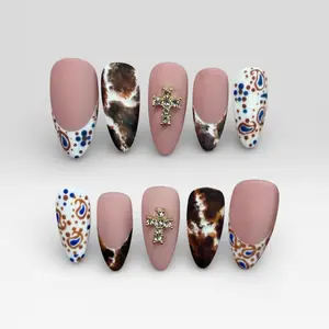 Cowgirl Press On Nail, Western Cow Print, Turquoise Cross Charms