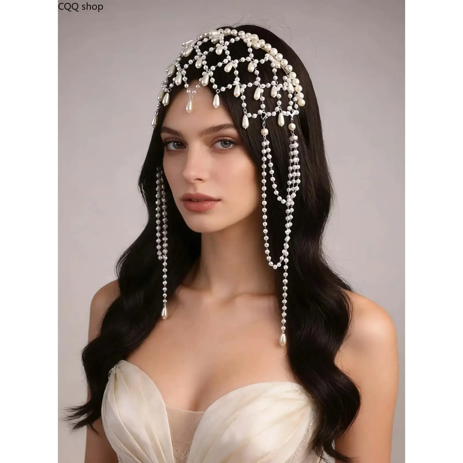 Fashion Faux Pearl Headband with mesh tassel pendant, elegant forehead chain. Stylish hair accessory, versatile decor to match outfits, chic jewelry for daily and formal looks