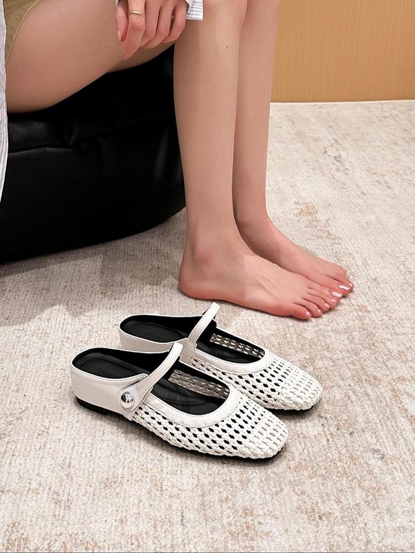 Women's Square Toe Woven Hollow Out Casual Flat Shoes, PU Leather Upper, Rubber Sole, Medium Width, All Season Fashion Sneakers