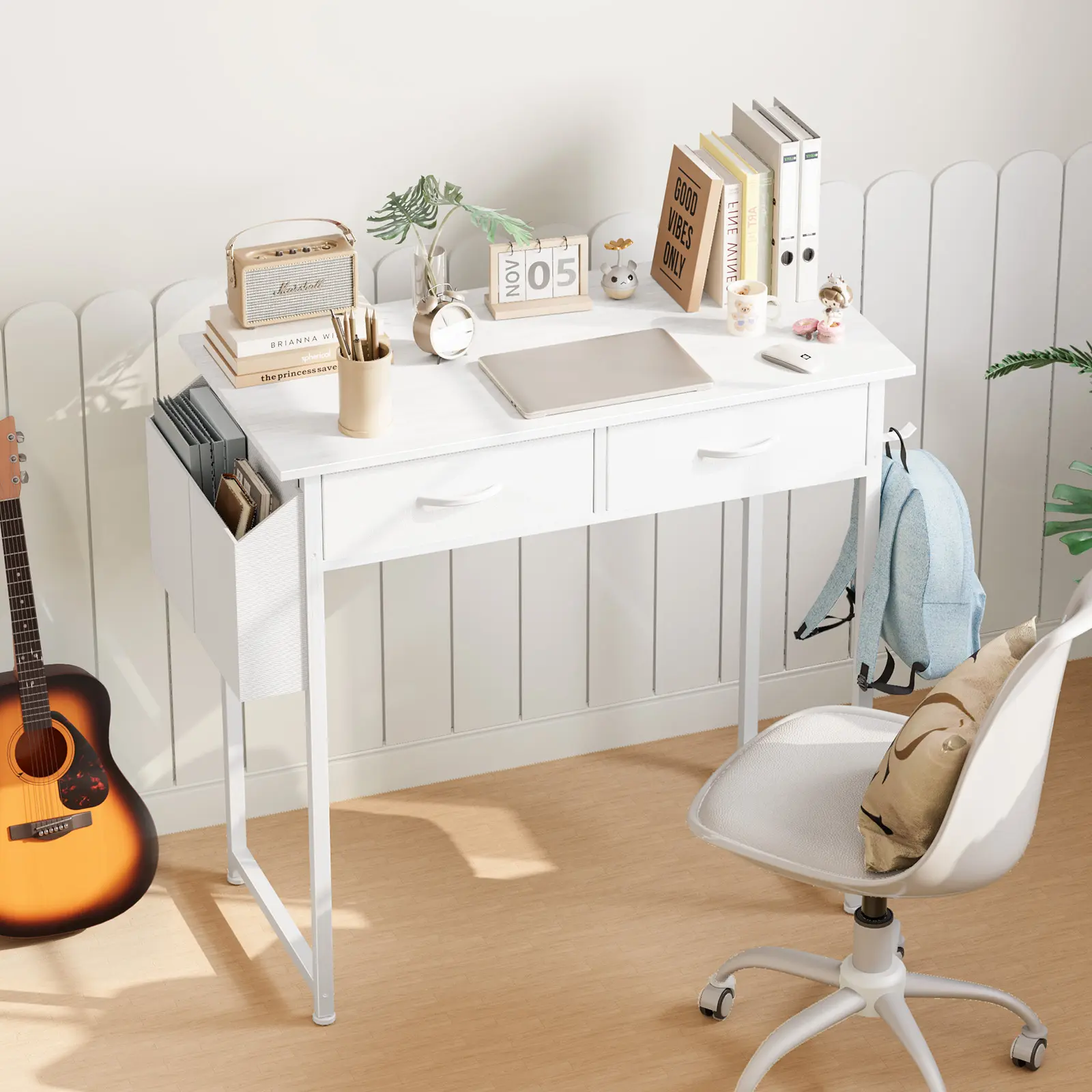 Compact 32 Two-Tier Computer Desk for Small Spaces - Modern Office Desk with Fabric Drawers & Metal Frame, Adjustable Height Legs & Accessory Hooks (Crisp White) rolling  standing  desk